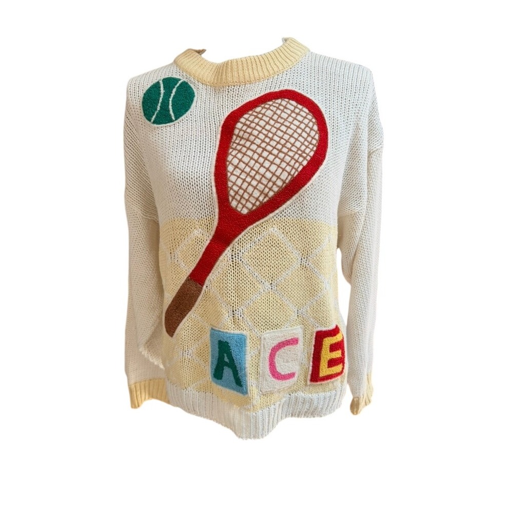 Cherokee Vintage 80s Tennis Sweater White Yellow Novelty Kitsch Ace Racket OS
